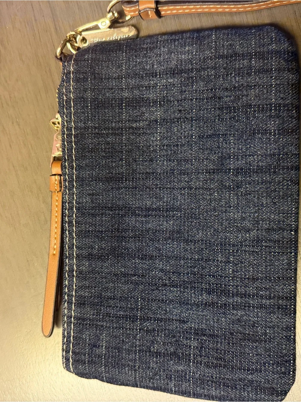 True Religion Denim Wristlet in Navy with Tan Strap